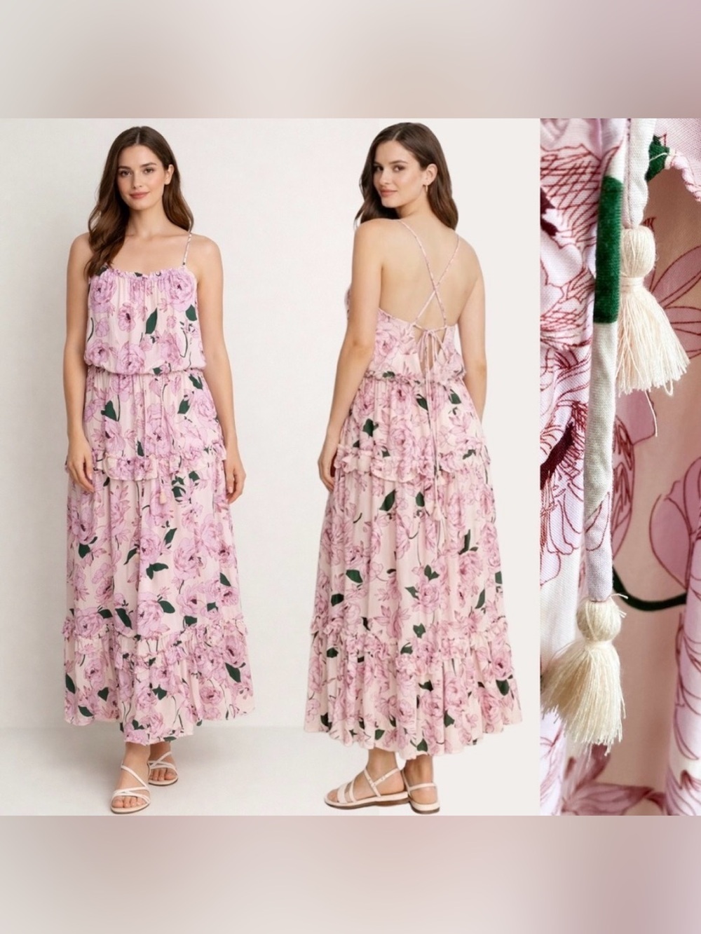 Lost + Wander Women's Floral Tiered Maxi Dress‎ Spaghetti Straps Size S Pink